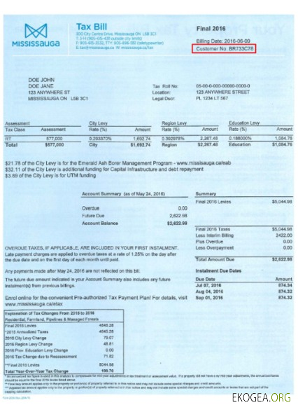 Canada Mississauga tax bill in PSD format